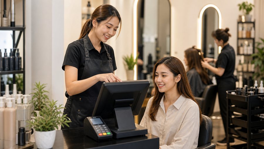 Salon staff serving a customer